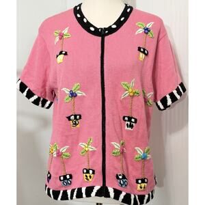 Jack B Quick Zip Cardigan Short Sleeve Pink Palms Coastal Grandma Sweater Large
